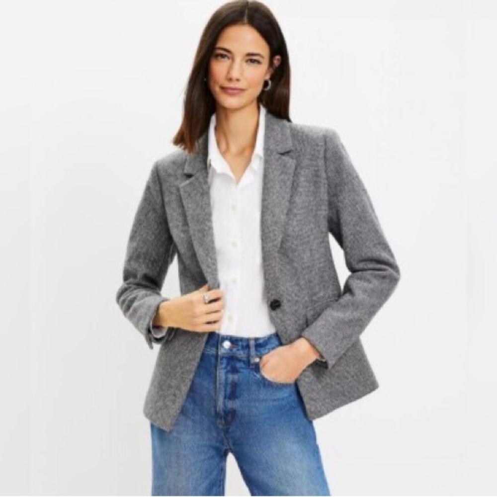 LOFT Classic Knit Single Button Blazer Brushed Gray Womens M